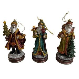 Set Of 3 Santa Claus Figurines/Ornaments Holding Gift Bags For Christmas Decor